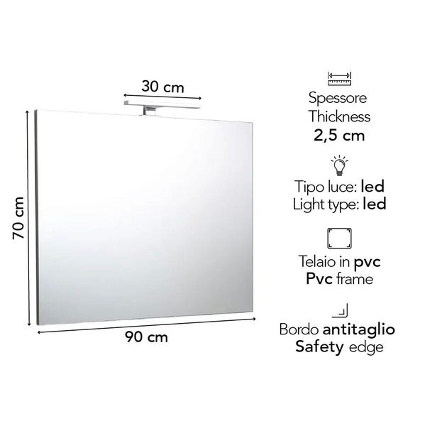 Badezimmerspiegel mit LED-Lampe, 90 mal 70 Zentimeter, Stärke 2,5 Zentimeter, PVC-Rahmen und Sicherheitskante.