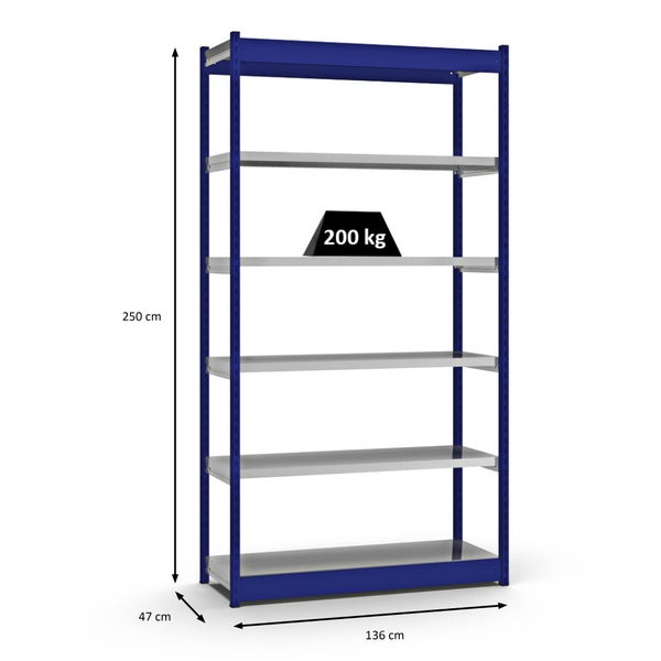 PROREGAL Fachbodenregal Stecksystem Vierkant-Profil Grundregal HxBxT 250 x 132,5 x 40 cm 6 Ebenen Einseitige Bauart Fachlast 200 kg Enzianblau