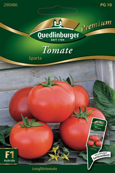 Samentüte für Quedlinburger Tomate Sparta, F1-Hybride, eine Longlifetomate mit Abbildung reifer Tomaten und praktischem Sortenetikett.