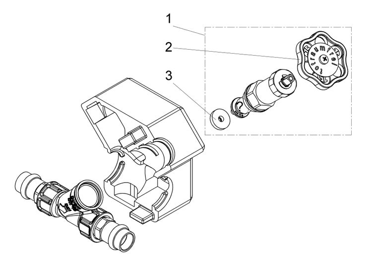 Explosionszeichnung einer Ventilbaugruppe mit Handrad, Oberteil und Dichtung.
