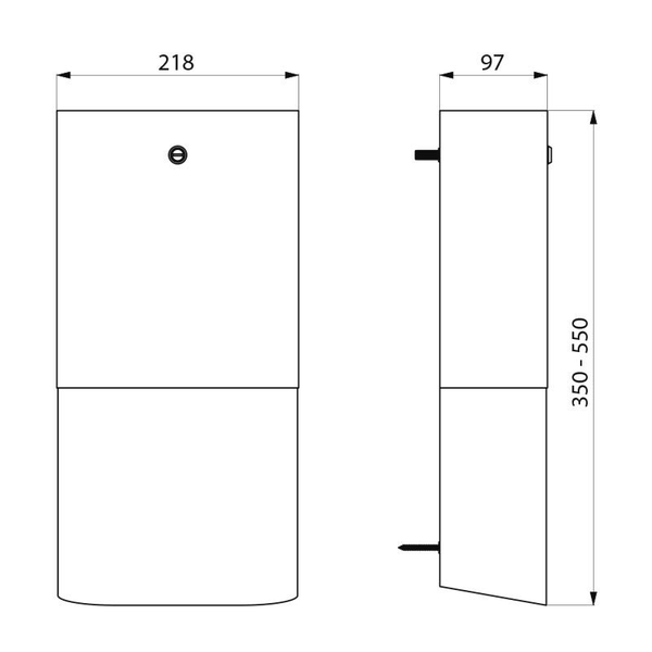 Maßskizze für einen Briefkasten mit Breite 218, Tiefe 97 und einer verstellbaren Höhe von 350 bis 550.