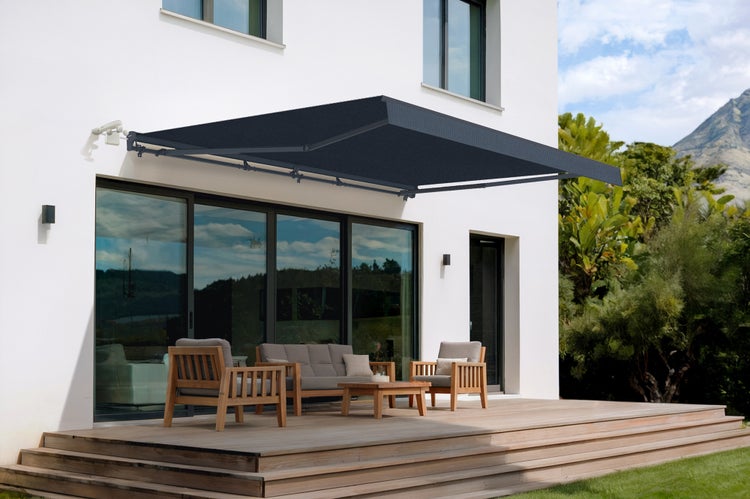 FAZZIO 5x3m Graue motorisierte Halbkassettenmarkise - Premium-Canvas 320 g/m²