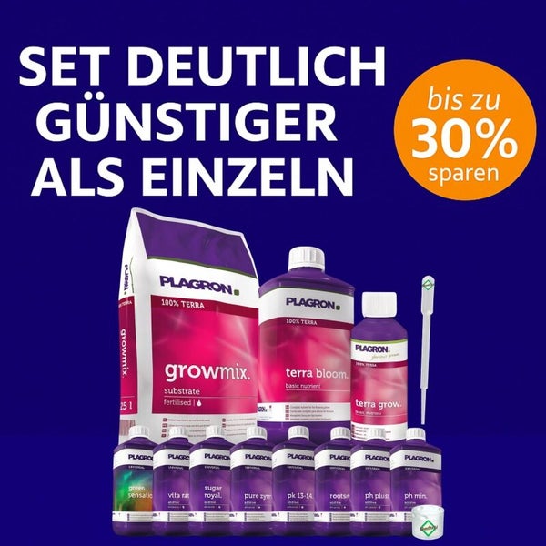 Plagron Düngerset 100 Prozent Terra mit Growmix Substrat, Basisdünger, Zusätzen, Pipette und Messbecher. Bis zu 30 Prozent günstiger als Einzelkauf.