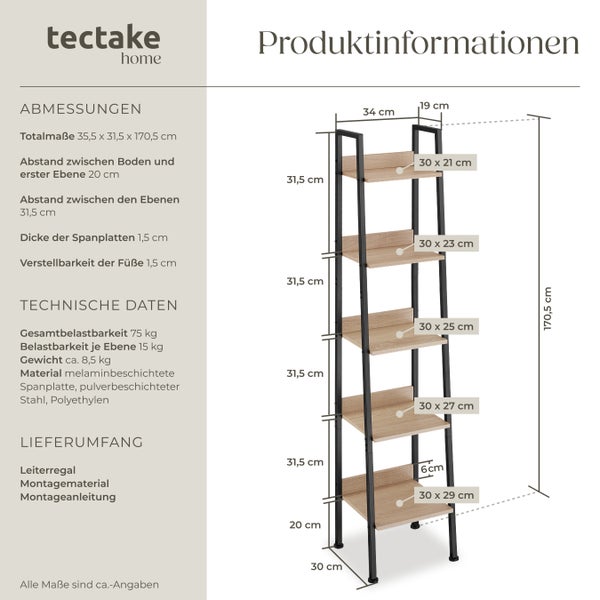 Leiterregal tectake Folkestone inklusive Kippschutz, 35,5 x 31,5 x 170,5 cm Industrial Style Industrial Holz hell, Eiche Sonoma