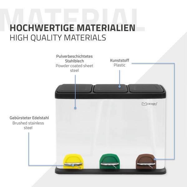 ML-Design Mülleimer Küche 3x 15L (45L), Weiß, Mülltrennsystem 3 Fächer, Treteimer zur Mülltrennung, Abfalleimer aus Stahl mit Inneneimer aus Kunststoff & Klappdeckel, farblicher Kennzeichnung