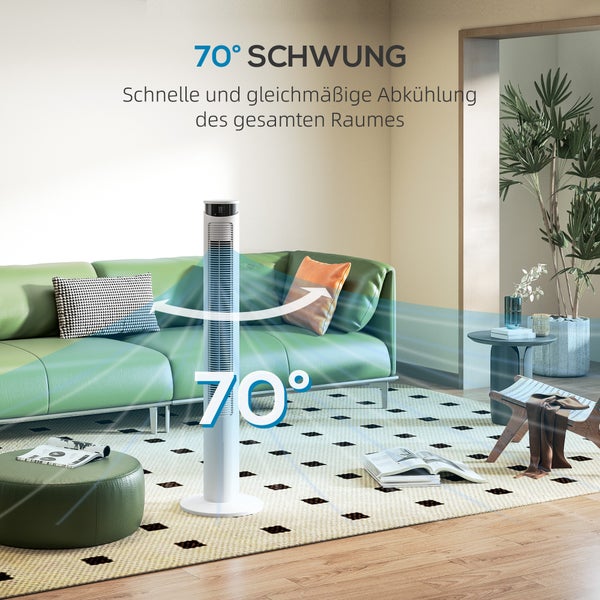 HOMCOM Turmventilator, Standventilator mit 3 Belüftungsstufen, Fernbedienung, 45W Ventilator mit 12H Timer, 70° Oszillation, für Schlafzimmer, Weiß