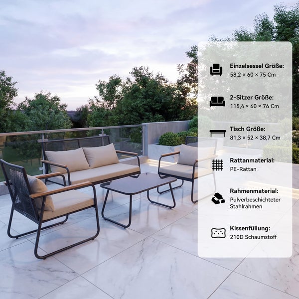 Modernes Garten-Lounge-Set auf einer Terrasse mit Sofa, Sesseln und Tisch aus Stahl und Rattan inklusive Maßen und Materialangaben.
