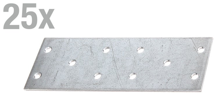 25 Lochplatten aus verzinktem Stahl zur stabilen Holzverbindung im Bauwesen.
