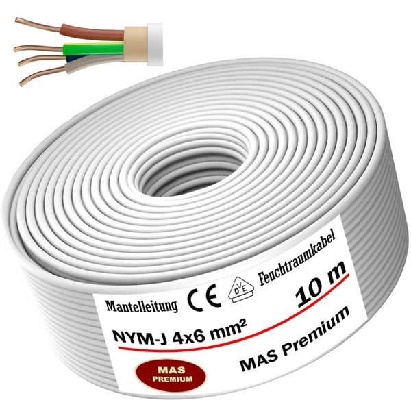 Mantelleitung NYM-J 4 mal 6 Quadratmillimeter, 10 Meter, Feuchtraumkabel, MAS Premium Logo, CE-Kennzeichnung, VDE-Prüfzeichen.