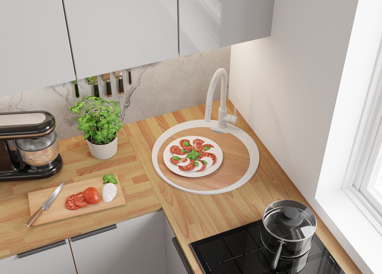 PRIMAGRAN Spülbecken Rund Alles Weiß 53x53cm, Granitspüle 1 Becken + Ablauf-Set + Schneidebrett, Küchenspüle ab 50er Unterschrank - Pisa Max