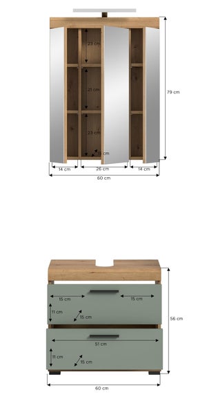 Badezimmer-Set mit Spiegelschrank und Waschbeckenunterschrank inklusive Maßangaben in Zentimeter.