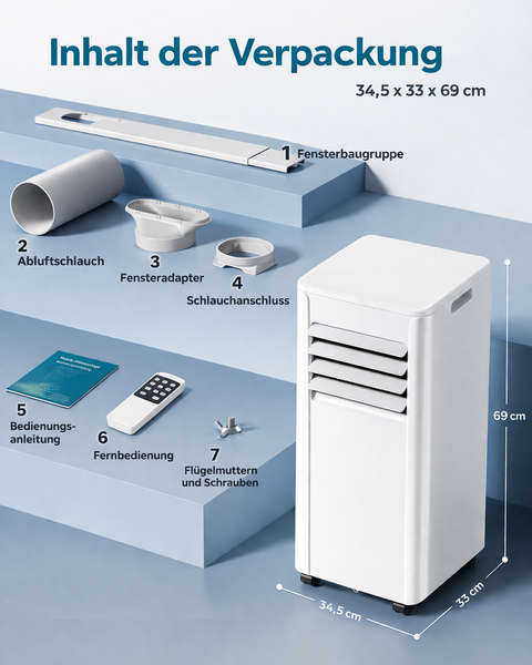 Verpackungsinhalt: Mobile Klimaanlage 34,5 mal 33 mal 69 Zentimeter mit Fensterbausatz, Abluftschlauch, Anleitung, Fernbedienung und Montagematerial.
