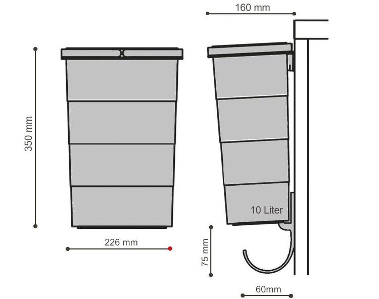 Maßzeichnung für einen 10 Liter Abfalleimer: Höhe 350 Millimeter, Breite 226 Millimeter, Tiefe 160 Millimeter.