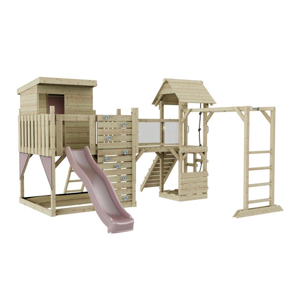 Spielplatz mit Kletterwand, Rutsche, Schaukel, Kletterleiter und Spielhaus