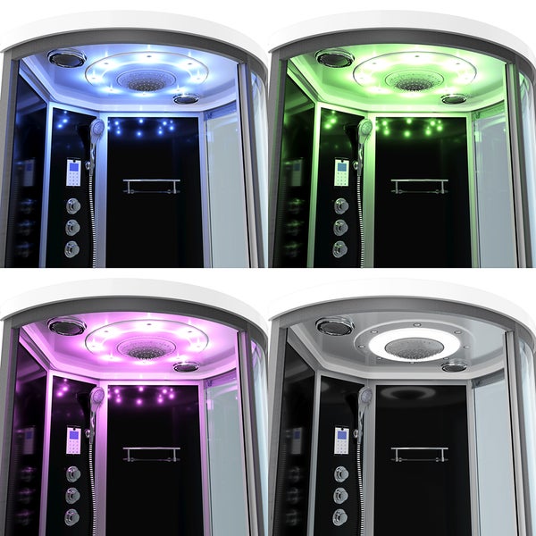 Moderne Dampfduschkabine mit integrierter LED-Beleuchtung in vier verschiedenen Farben, Regendusche, Handbrause und Massagedüsen.