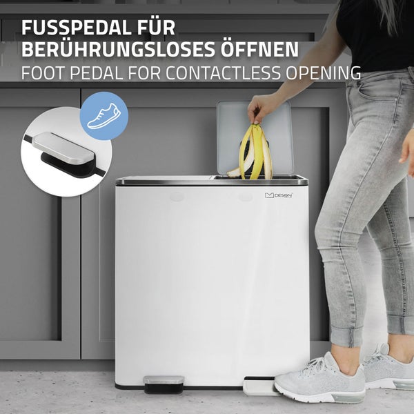 ML-Design Mülleimer Küche 2x 30L (60L), Weiß, Mülltrennsystem 2 Fächer, Treteimer zur Mülltrennung, Abfalleimer aus Stahl, herausnehmbarer Inneneimer aus Kunststoff, Klappdeckel, Softclose, luftdicht