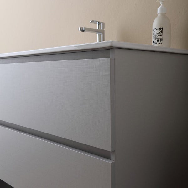 Waschtischunterschrank mit zwei Schubladen, Waschtisch, Armatur und Seifenspender