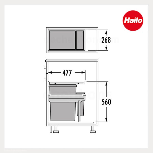 Technische Zeichnung eines Hailo Mülltrennsystems mit Maßen von 477, 560 und 268 Millimeter im Küchenschrank. Hailo Logo.