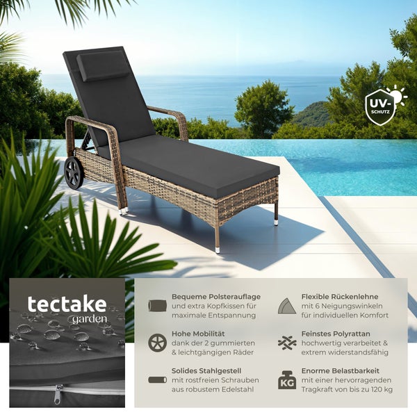 Rattan Sonnenliege tectake  200 x 70 x 33 cm widerstandsfähig natur/dunkelgrau