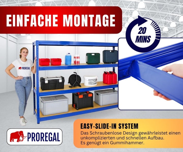 Blaues Metall-Steckregal von Proregal, einfache Montage in circa 20 Minuten durch schraubenloses Easy-Slide-In System. Proregal Logo.