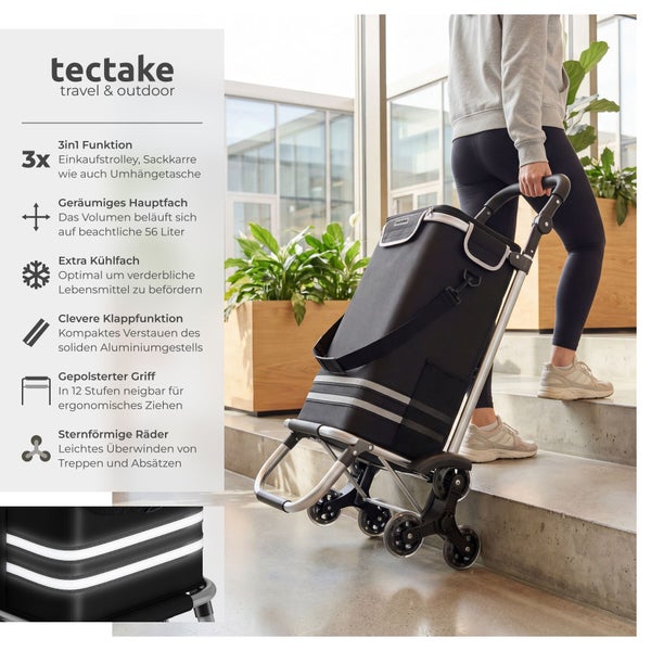 Einkaufstrolley von tectake mit Treppensteiger-Rädern, Aluminiumgestell und verstellbarem Griff wird eine Treppe hochgezogen.