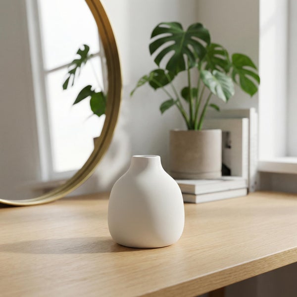 Kleine runde weiße Keramikvase auf einem hellen Holztisch, im Hintergrund ein runder Spiegel mit Goldrahmen und eine Monstera-Pflanze.
