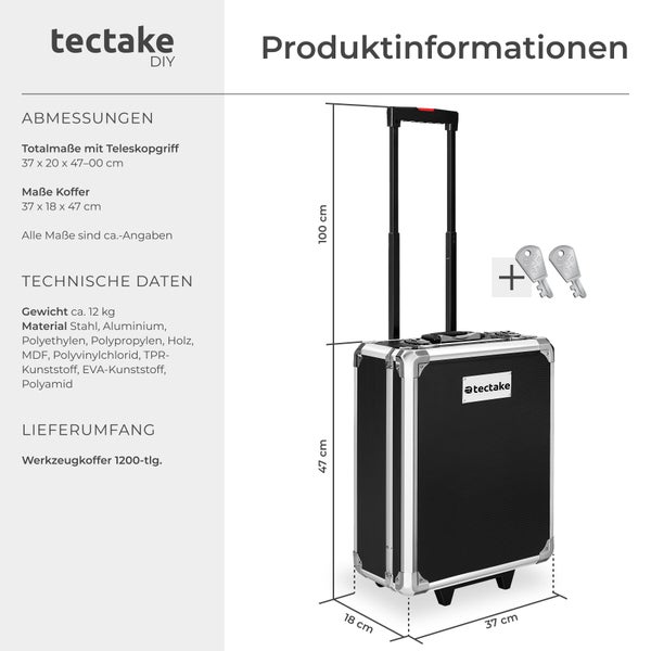 Technische Zeichnung und Produktinformationen eines rollbaren Werkzeugkoffers von Tectake mit Teleskopgriff und Schlüsseln.