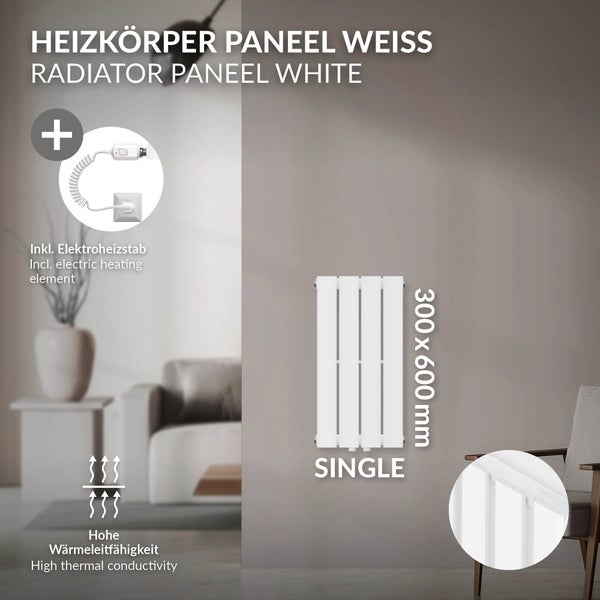 ML-Design Paneelheizkörper Einlagig 600x300 mm Weiß Mittelanschluss mit Anschlussarmatur Universal Eck- und Durchgangsform Multiblock Thermostat Badheizkörper Vertikal Designheizkörper Flachheizkörper