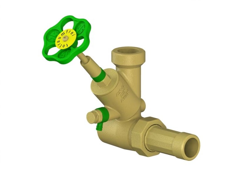 Totraumfreies Freistromventil aus Messing mit grünem Handrad und Entleerungsventil.