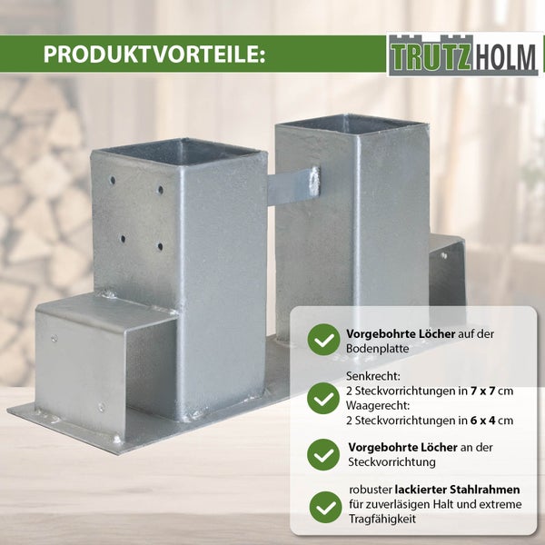 Trutzholm Stahlrahmen mit Steckvorrichtungen für Pfosten, verzinkt, mit vorgebohrten Löchern für eine stabile Montage.