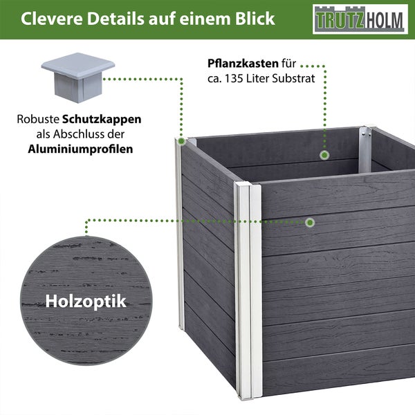 Übertopf 57x 57x 56,5 cm 135 Liter Holzoptik langlebig Pflanzkasten  Pflanzkübel Alu Profile zeitlos