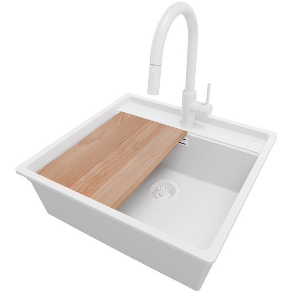 PRIMAGRAN Unterbauspüle Granit Alles Weiß 56x53cm, Spülbecken 1 Becken + Küchenarmatur 40x20cm + Ablauf-Set + Schneidebrett, Granitspüle ab 60er Unterschrank - Bergen