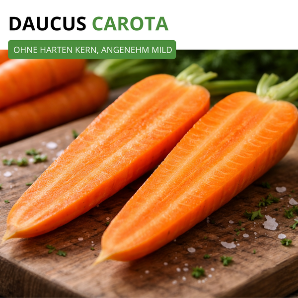 Eine längs halbierte Karotte der Sorte Daucus Carota auf einem Holzbrett.