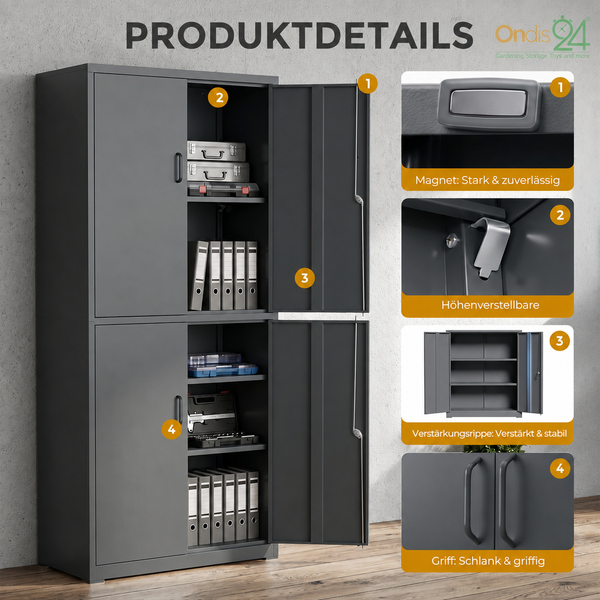 Produktdetails eines Metallschranks mit vier Türen, Magnetverschluss, höhenverstellbaren Böden, Verstärkungsrippen und Griffen. Ondis24 Logo.