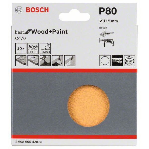 Bosch P80 Schleifscheibe, Durchmesser 115 Millimeter, geeignet für Holz und Farbe