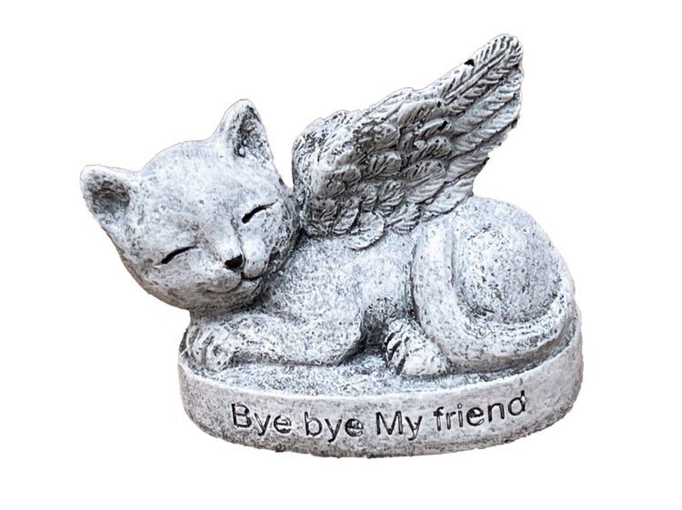 Grabfigur Katze mit Flügeln und Inschrift Bye bye My friend aus Kunststein für das Tiergrab