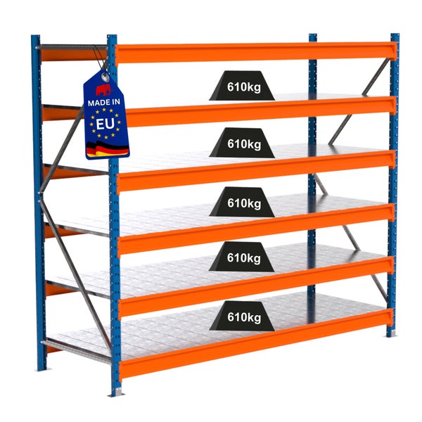 Metallregal mit fünf Ebenen und einer Traglast von 610 Kilogramm pro Ebene