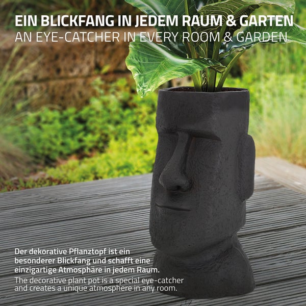 ML-Design Pflanztopf Osterinsel Figur 26x23x43 cm Anthrazit, Harz Moai-Kopf Skulptur, Innen- und Außenstatue, massiv, Pflanzgefäß Blumentopf Übertopf Gesicht Pflanzer Gartendeko Vase Urne für Pflanzen