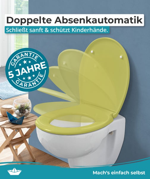 Calmwaters® Premium WC Sitz einfache Montage, Toilettendeckel bis 250 kg, Made in EU, antibakterieller Duroplast, Absenkautomatik, 2 Montage Optionen, abnehmbar, Klobrille, oval, Oliv-Moosgrün