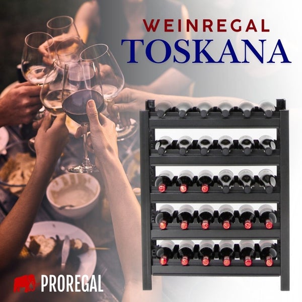 Metall-Weinregal Toscana für mehrere Flaschen vor einem Hintergrund mit Personen, die mit Weingläsern anstoßen, Proregal Logo.