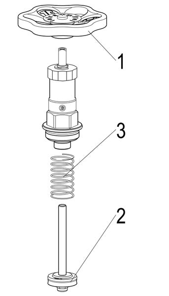 Explosionszeichnung eines Oberteils für Armaturen mit nummeriertem Handrad (1), Ventilkegel (2) und Feder (3).