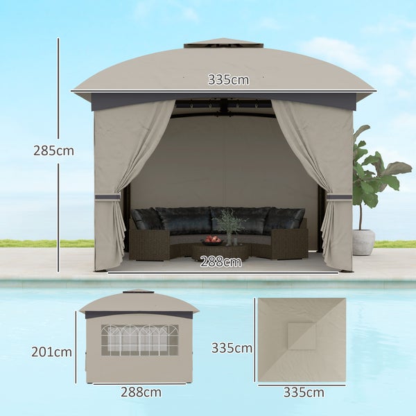 Outsunny Pavillon ca. 3,4x3,4 m wasserabweisend Gartenpavillon mit 4 Seitenteilen, Doppeldach, Partyzelt mit UV-Schutz Gartenzelt mit verzinktem Metallrahmen, für Garten Hellgrau