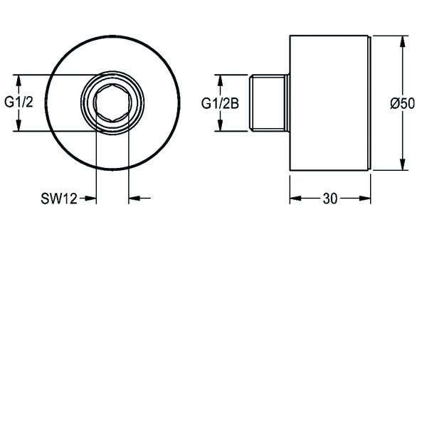 Technische Zeichnung mit Maßen: G 1/2 Zoll Gewinde, Durchmesser 50 Millimeter, Länge 30 Millimeter und Schlüsselweite 12.