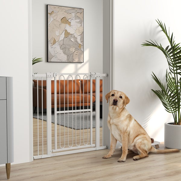 PawHut Türschutzgitter Hund, 76-104 cm Absperrgitter ohne Bohren, Treppengitter aus Stahl, Treppenschutzgitter, Schutzgitter, Sicherheitsgitter für Treppen, Tür, Flur, Weiß