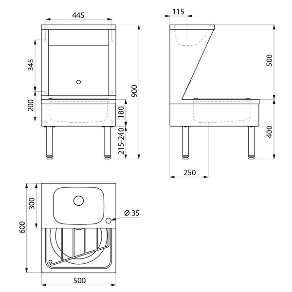 Technische Zeichnung eines Ausgussbeckens mit Standfüßen und Rückwand, Maße in Millimeter, Breite 500, Tiefe 600, Gesamthöhe 900.