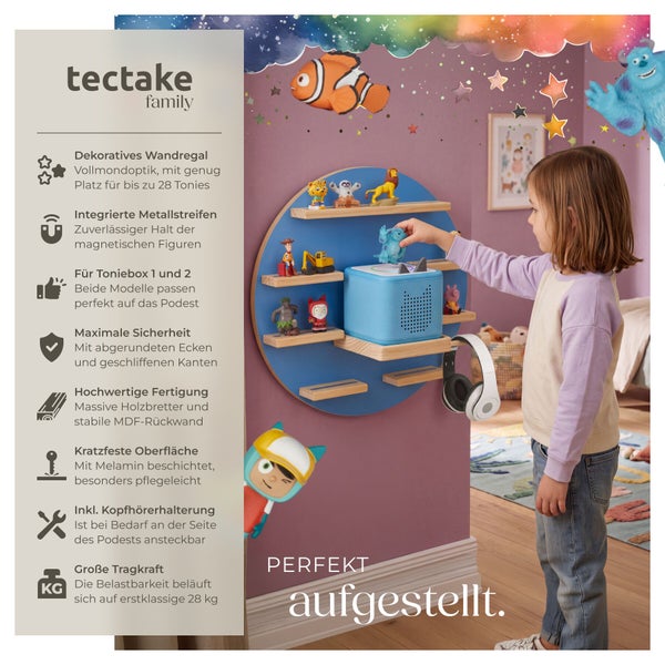 Tectake Tonie-Aufbewahrungsregal in Vollmondoptik mit 7 Stellflächen und Metallstreifen für bis zu 28 Tonie-Figuren, inklusive Kopfhörerhalterung.