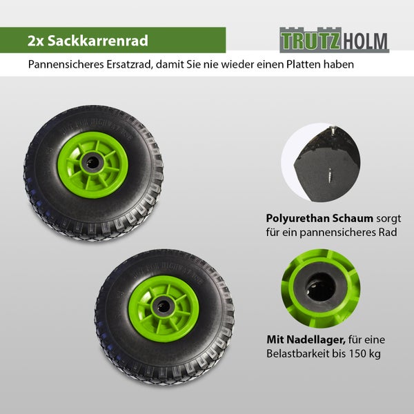 Zwei pannensichere Sackkarrenräder mit Polyurethan Schaum und Nadellager, Traglast bis 150 Kilogramm