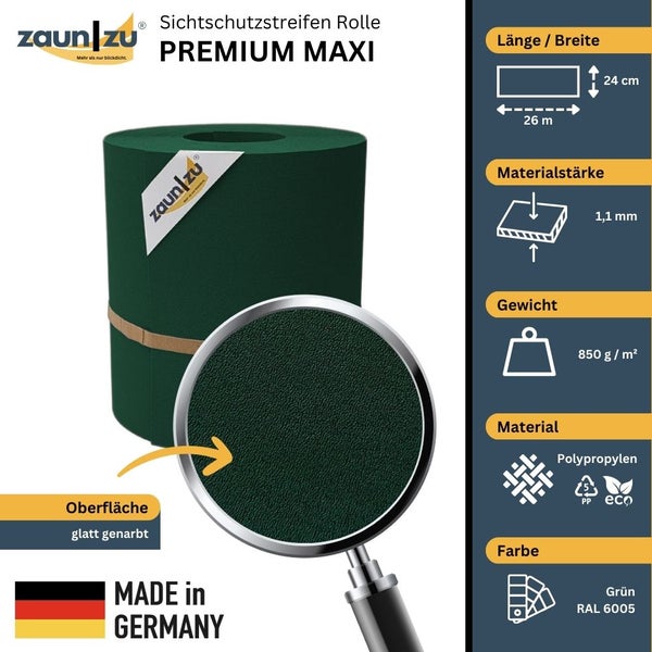 Zaun zu Sichtschutzstreifen Rolle Premium Maxi aus Polypropylen, 26 Meter lang, 24 Zentimeter breit, 1,1 Millimeter Materialstärke, Gewicht 850 Gramm pro Quadratmeter, Oberfläche glatt genarbt, Made in Germany