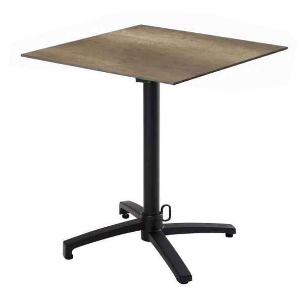 Quadratischer Bistrotisch mit Tischplatte in Holzoptik und schwarzem Mittelfußgestell aus Metall.