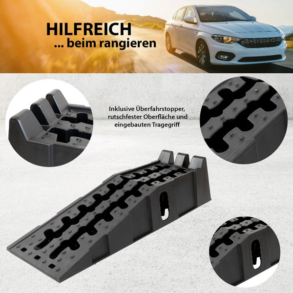 Schwarze Auffahrrampe aus Kunststoff für Autos mit Detailansichten von Überfahrstopper, rutschfester Oberfläche und integriertem Tragegriff.
